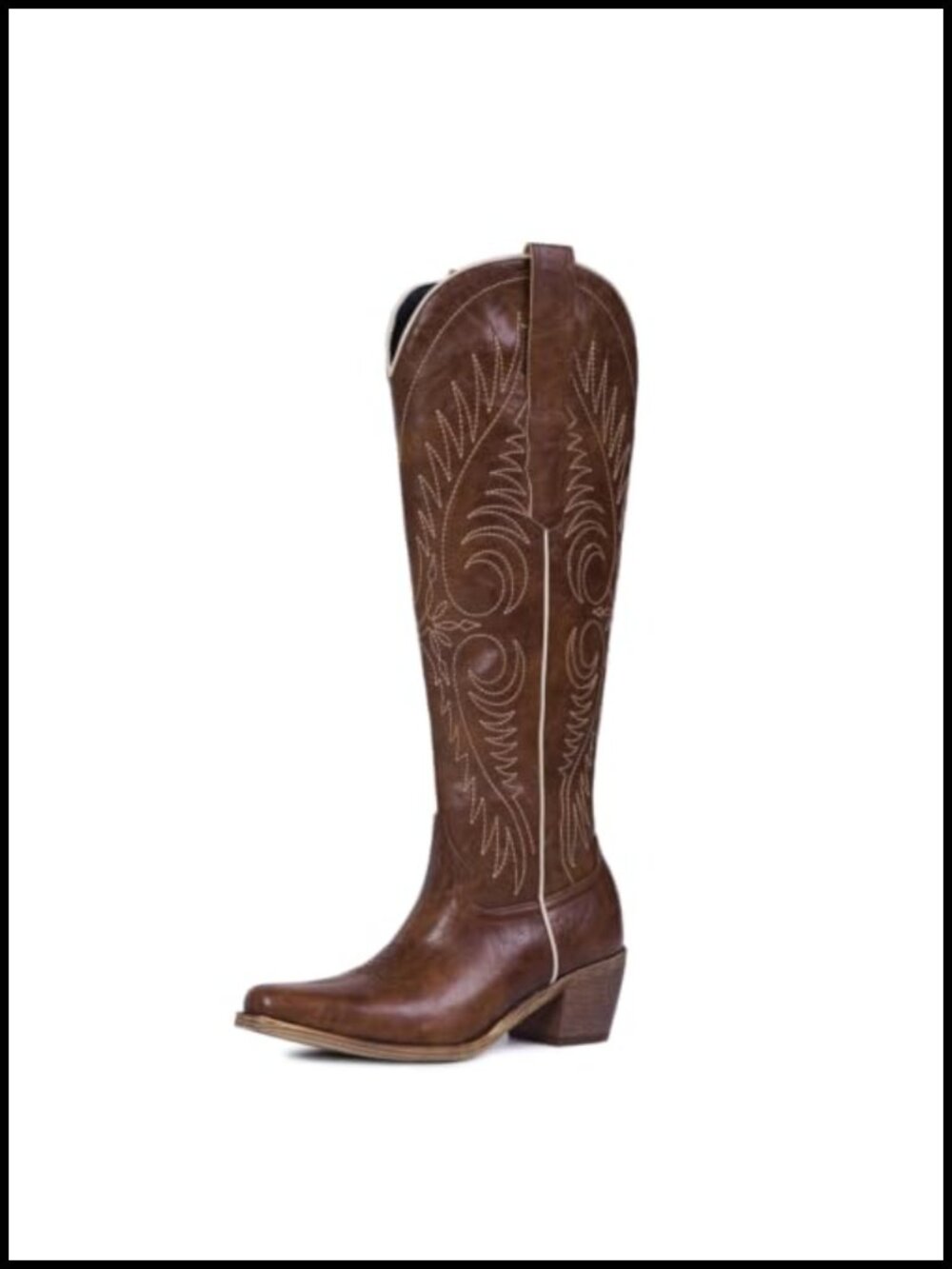 Pointed Toe Knee-High Wide Calf Cowgirl Boots Chunky Heel Faux Leather
